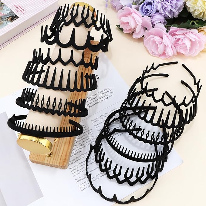 12Pcs Black Zigzag Headbands with Teeth for Women's Hair Non Slip, Plastic Wavy Skinny Head Bands Comb Fashion Hair Accessories–6 Styles, Versatile Use