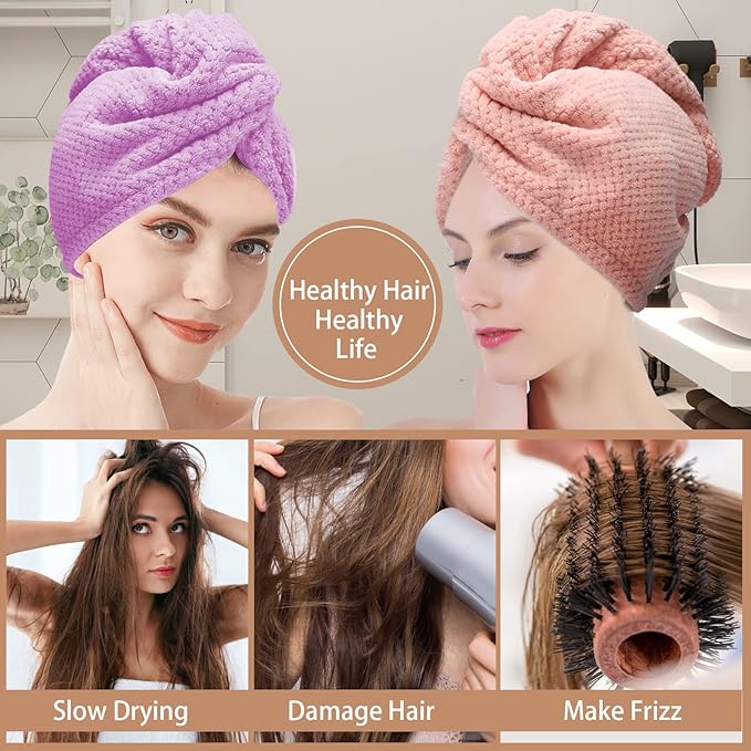 3 PCS Microfiber Hair Towel, Hair Wraps for Women Wet Hair, Fast Drying Hair Turban, Anti Frizz Head Towels Wrap for Curly Hair (Purple, Pink, Blue)