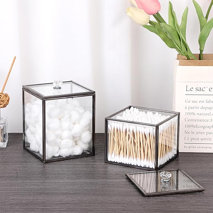 Hipiwe 2 Pack Glass Qtip Holder Dispenser With Lid Metal Bathroom Containers for Cotton Balls Makeup Sponges Bath Salts Candles Vanity Canisters Countertop Storage Organizer Jar, Black
