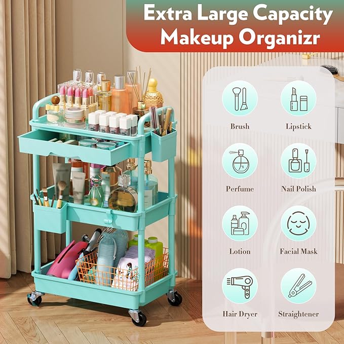 Makeup Cart Organizer with Drawers, Floor Skincare Organizers Vanity Storage Organizer, Rolling Makeup Bathroom Storage Cart Cosmetics Display Cases for Skin Care Perfume Nail Polish, Blue