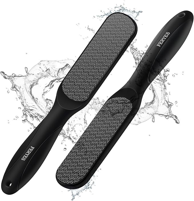 FERYES Dual-Sided Glass Foot File – Long Handle Foot Scrubber for Dead Skin, Cracked Heel Repair, Pedicure Tools for Callus Removal, Glass Pumice Stone Foot Scraper - Black