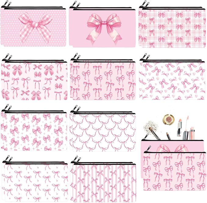 Reginary 20 Pieces Cosmetic Bag for Women, Roomy Makeup Bags with Zipper Toiletry Bag Pouch Travel Accessory Organizer Gifts, 7 x 4.3 Inches(Pink Bow)