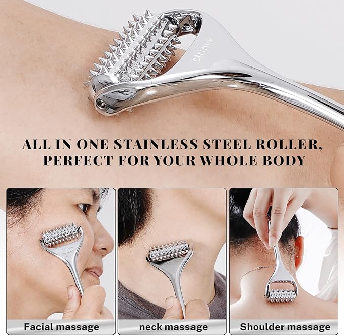Acupuncture Massage Roller, Stainless Steel, Portable Manual Roller for Whole Body Pain Relief, Puffiness Reduce and Muscle Relaxation Massage