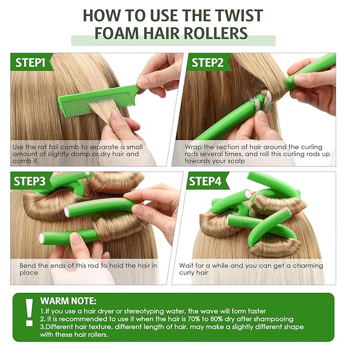 Syhood 30 Pieces Flexible Curling Rods Twist Hair Rollers Soft Foam Rods No Heat and 1 Pcs Steel Rat Tail Comb for Women Long and Short Hair(7 x 0.47 Inch,Green)
