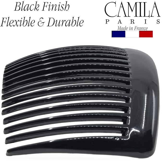 Camila Paris CP2910 French Side Combs Large Curved, Black French Twist Hair Combs Decorative, Strong Hold Hair Clips for Women Bun Chignon Up-Do, No Slip Styling Girls Hair Accessories, Made in France