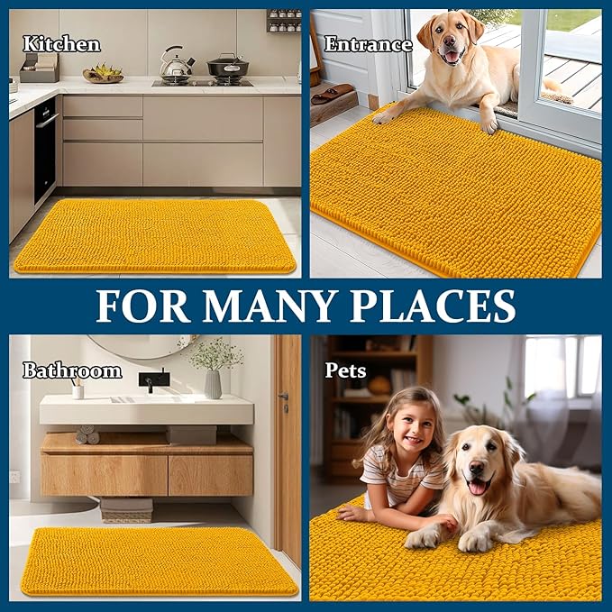 OLANLY Dog Door Mat for Muddy Paws 40x32, Absorbs Moisture and Dirt, Absorbent Non-Slip Washable Doormat, Quick Dry Chenille Mud Mat, Entry Indoor Entryway Carpet for Inside Floor, Golden Yellow