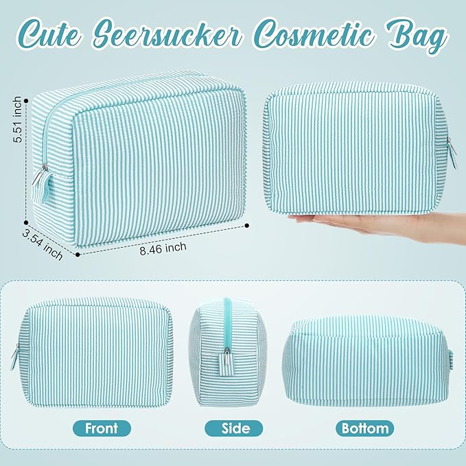 Sanwuta 6 Seersucker Cosmetic Bag Bulk Pinstripe Makeup Bag for Women Aesthetic Cute Travel Toiletry Organizer Preppy Storage Pouch for Wedding Bridesmaid Christmas Gift (Large,Mint Blue)