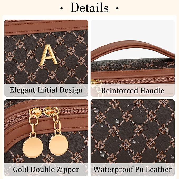 Birthday Gifts for Women Teen Girl, Personalized Initial Makeup Organizer Bag Set, Open Flat Travel Cosmetic Bag With Clear Divider and Handle(Coffee,A)
