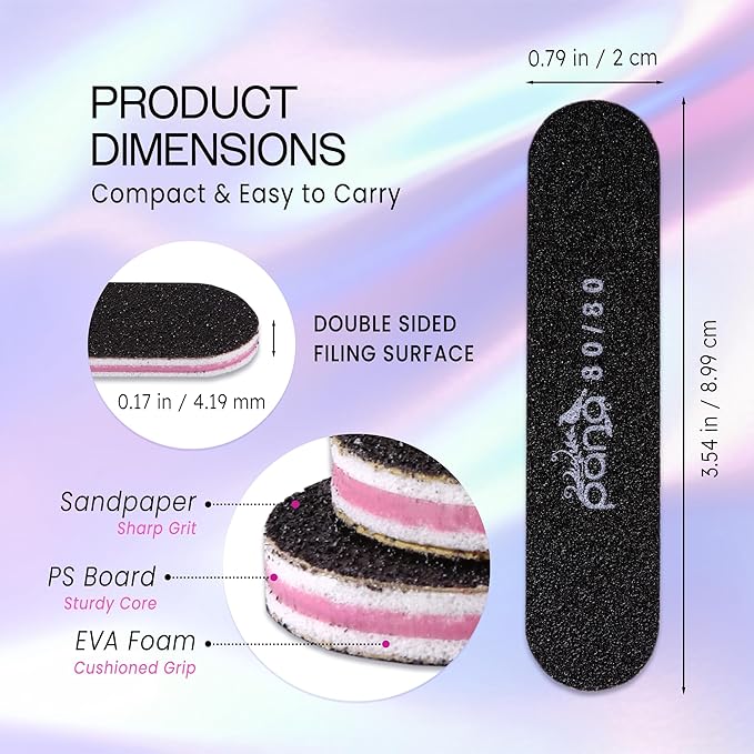 25PCS Mini Size PANA Professional Double Sided Nail Files - Black, 80/80 Grit - Emery Board Nail Buffering File Manicure Pedicure Nail Polisher Washable