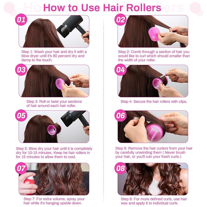 shynek Hair Rollers 48 Pcs Set, 24Pcs Hair Rollers 4 Sizes and 24 Pcs Hair Clips for Long Medium Short Hair (Pink)