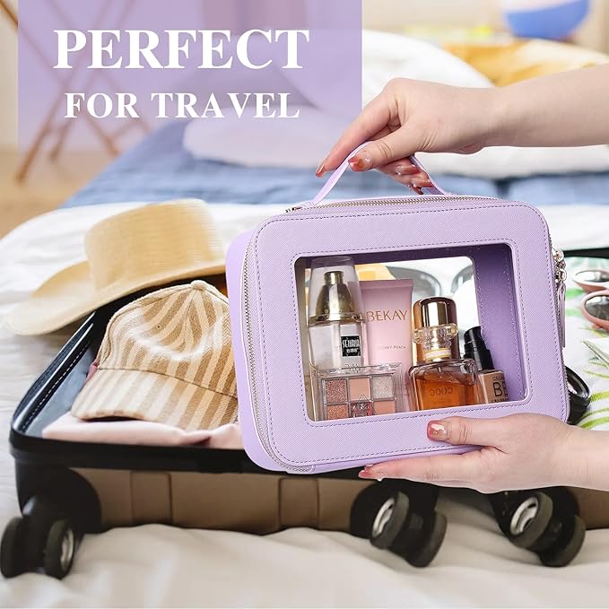 Clear Travel Makeup Bag with Brush Bag Portable Transparent Cosmetic Bag and Toiletry Bag Waterproof Clear Makeup Bag with Zipper Car Bag for Women (Purple, L+Slim)