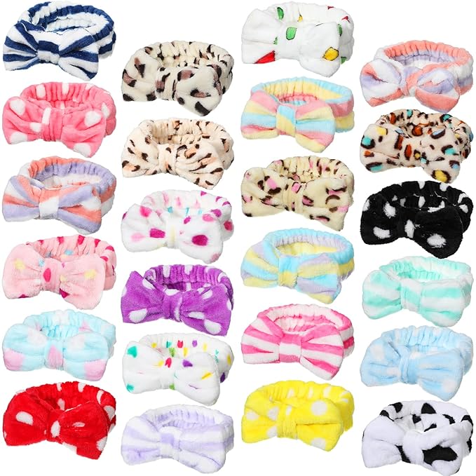 Jexine 24 Pcs Facial Spa Headband Makeup Headbands Bulk Bow Hair Head Band Fluffy Plush Spa Headband for Women Washing Face Shower Cleansing (Minimalist Color,vintage style)