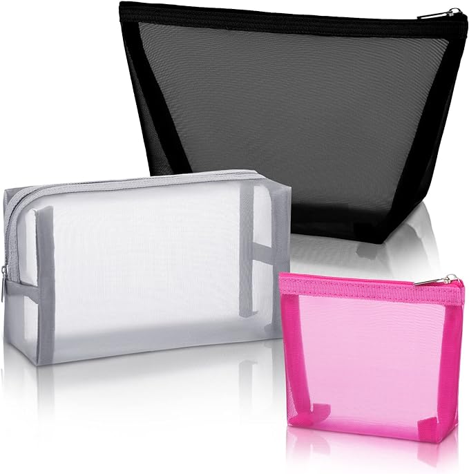 Boao 3 Piece Mesh Cosmetic Bag Mesh Makeup Bag with Zipper Pouch Travel Toiletry for Makeup Organizer Home Office Travel Accessories(Black, Gray, Rose Red)