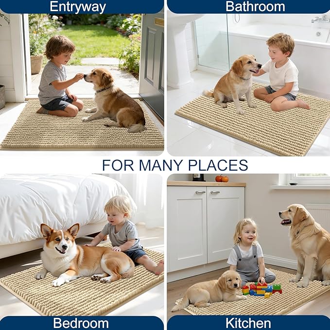 OLANLY Dog Door Mat for Muddy Paws 24x16, Ultra Absorbent Chenille Mud Doormat, Non-Slip Washable and Dirt Trapping Doormat for Indoor Entryway, Quick-Dry Indoor Pet Bed Mats for Dogs, Beige