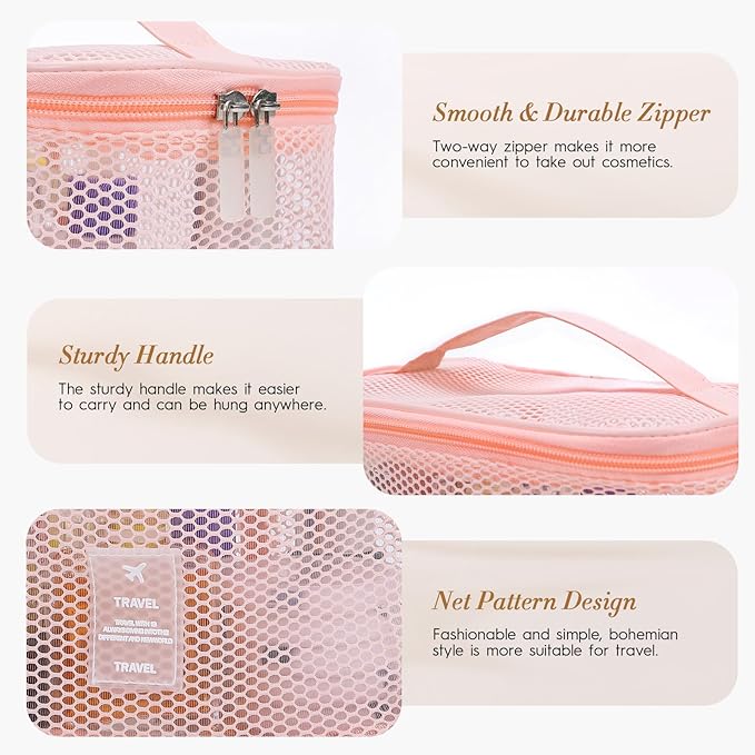 Mesh Makeup Bag, Breathable Cosmetic Bags with Zipper, Travel Lightweight Make Up Organizer Mesh, Toiletry Bag with Handle for Women Girls Gift, Pink