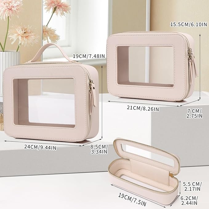 Travel Makeup Set Waterproof Transparent Cosmetic Bag and Toiletry Bag Makeup Brush case with Zipper Car Essentials for Women (Beige, L+M+SLIM)