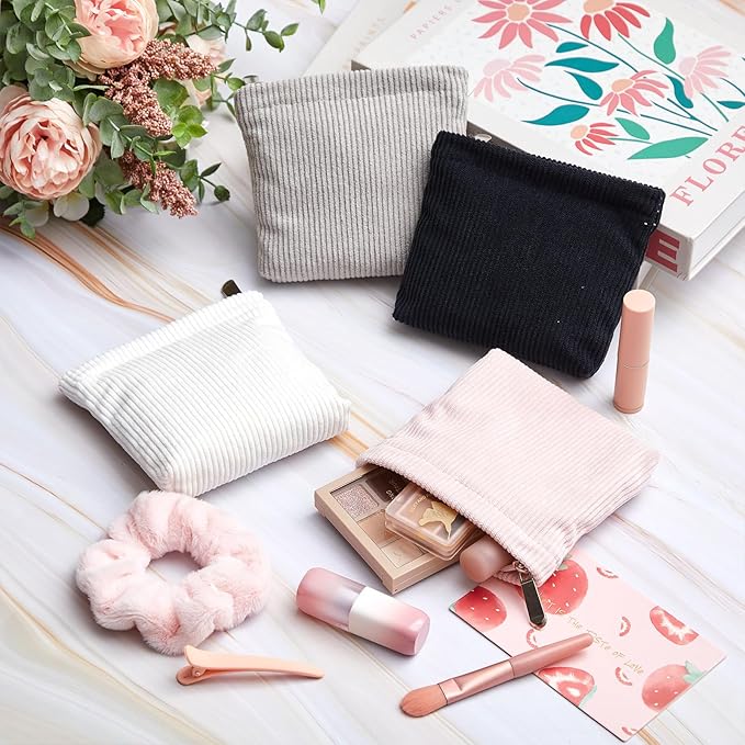 Abbylike 4 Pcs Small Makeup Bag Corduroy Cosmetic Pouch with Zipper Portable Little Bags for Purse Mini Pouch Cute Makeup Purse for Coin Essentials Items Women(Simple)
