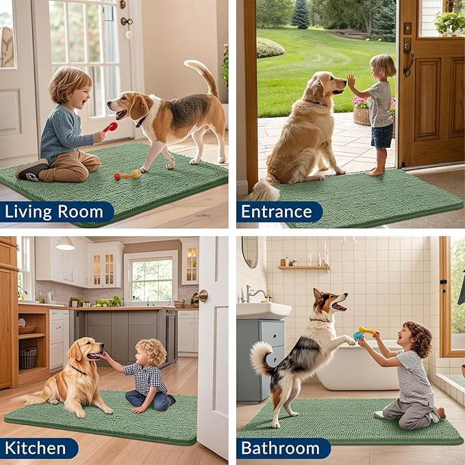 Smiry Dog Door Mat for Muddy Paws 24x16, Absorbs Moisture and Dirt Doormat, Non-Slip Washable Quick Dry Chenille Front Door Mat Indoor Entrance, Entryway Carpet for Inside Floor, Olive Green