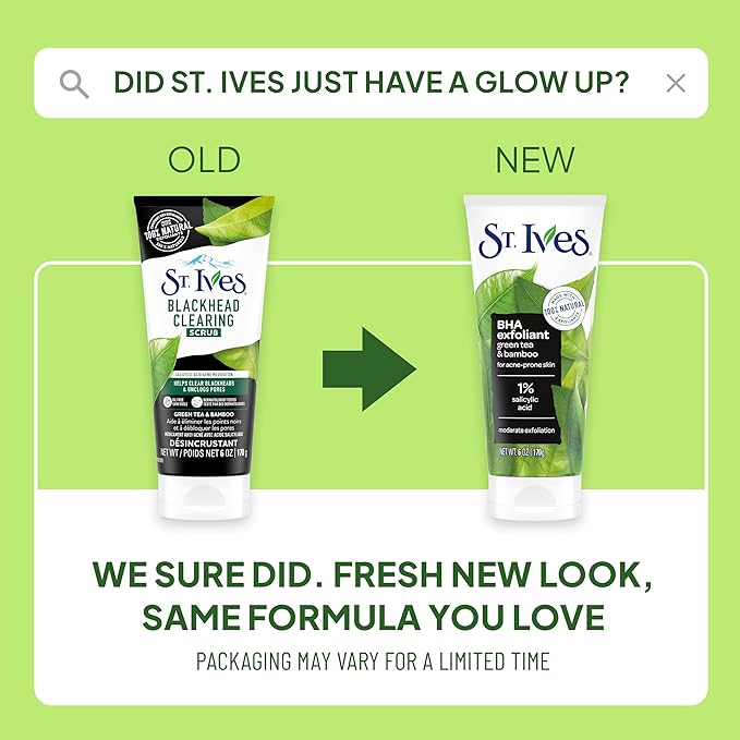 St. Ives Blackhead Clearing Face Scrub, Clears Blackheads & Unclogs Pores, Green Tea & Bamboo, Salicylic Acid Acne Treatment Facial Scrub, Moderate Exfoliator Skin Care with Natural Exfoliants 6 oz