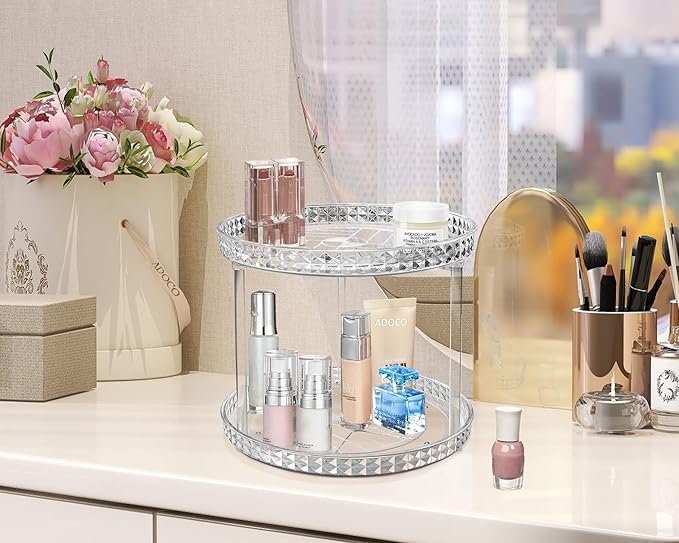 2 Tier Diamond Lazy Susan Bathroom Organizer Countertop, Clear 360 Rotating Cosmetic Makeup Organizer for Vanity, Skincare Organizers Perfume Organizer for Counter - Organization and Storage -9.25INCH