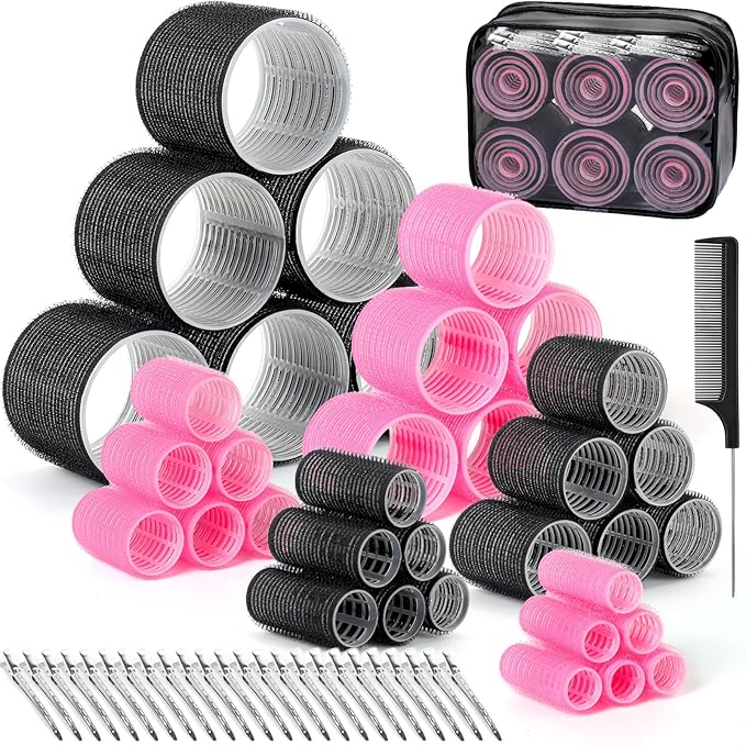 6 Size Hair Rollers for Women, 62 Pcs Rollers Hair Curlers for Blowout Look Long Medium Short Hair, Jumbo Large Medium Small Self Grip Curlers with 36 Roller 24 Clips 1 Storage Bag