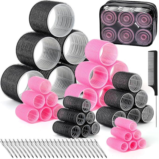 6 Size Hair Rollers for Women, 62 Pcs Rollers Hair Curlers for Blowout Look Long Medium Short Hair, Jumbo Large Medium Small Self Grip Curlers with 36 Roller 24 Clips 1 Storage Bag