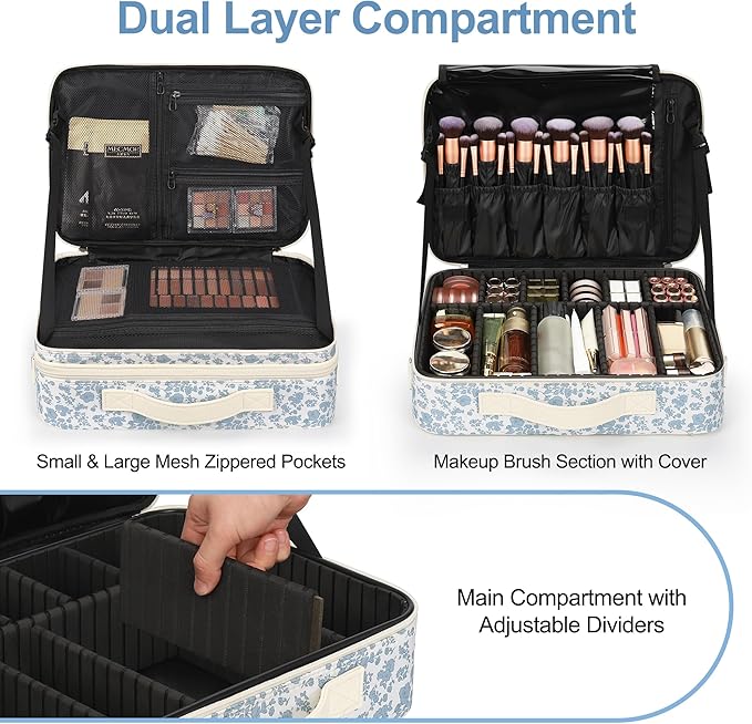 Relavel Makeup Case Large Makeup Bag Professional Train Case Travel Cosmetic Organizer Brush Holder Waterproof Makeup Artist Storage Box, 3 Layer Large Capacity, with Adjustable Strap, Floral Print