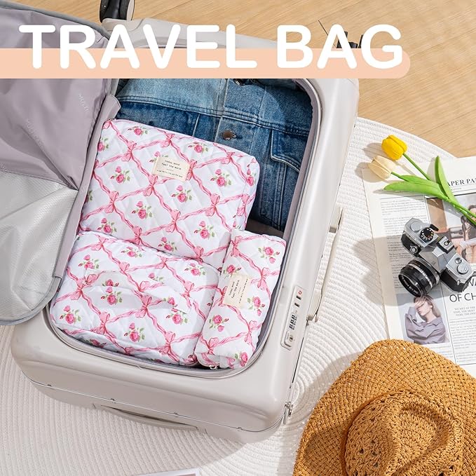 Makeup Bag for Women 3PCS Quilted Cotton Make Up Bag Travel Cosmetic Bag Large Makeup Bag Set Cute Bow Makeups Organizer Floral Toiletry Pouch for Purse, Pink