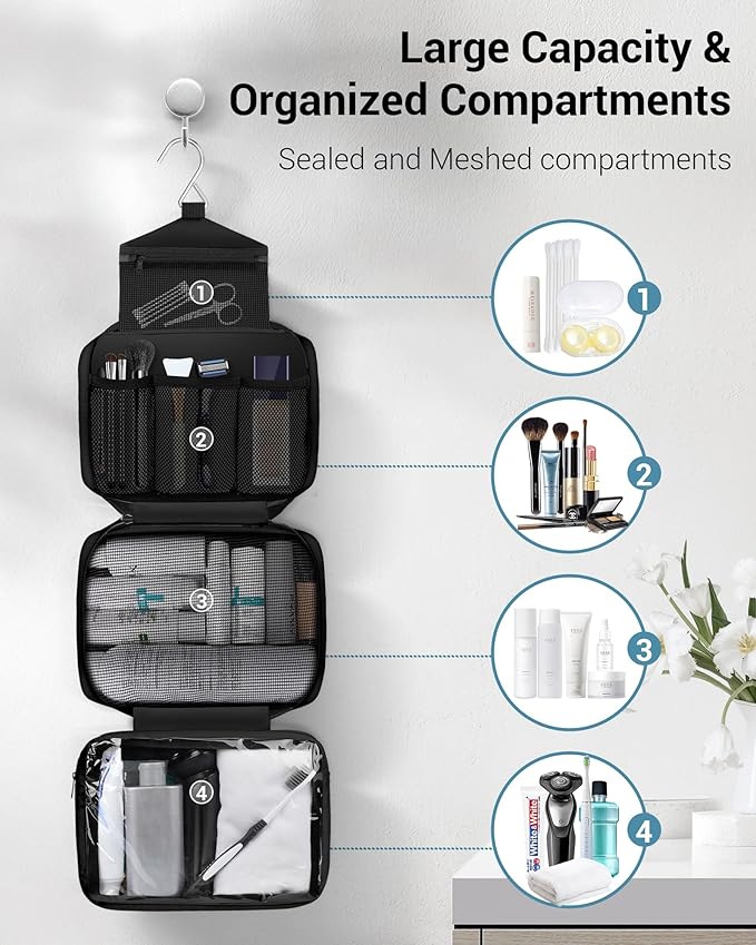 Maliton Toiletry Bag for Men & Women Travel Toiletry Bag Hanging Toiletry Bag Hygiene Organizer with 4 Compartments Waterproof Bathroom Shower Bag Large Toiletries Travel Bag(Black)
