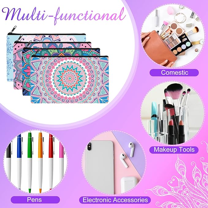 Reginary 20 Pieces Cosmetic Bag for Women, Roomy Makeup Bags with Zipper Toiletry Bag Pouch Travel Accessory Organizer Gifts, 7 x 4.3 Inches(Mandala)