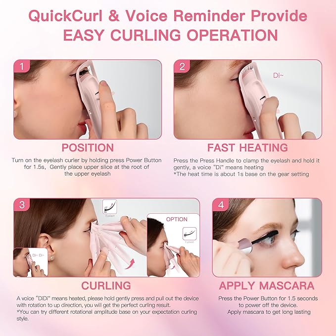 Heated Eyelash Curler Innovative, QuickCurl 2S Heat Up, Naturally Lash Curler 70°C/85°C Adjustable Heat, Safe Food-Grade Silicone, 600mAh Battery Portable Size for Travel (Pink)