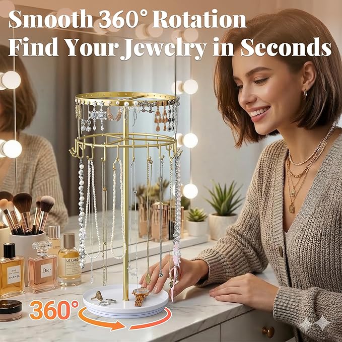 LANDNEOO Necklace Holder Jewelry Organizer, 360° Rotating 3-Tier Jewelry Stand Display, 14.3" Holds 80 Pcs, Earring Holder, Bracelet Ring Holder, Jewelry Organizer and Storage For Women Vanity Dresser
