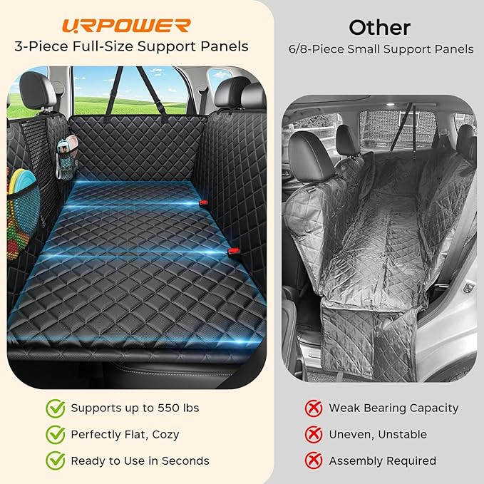 URPOWER Back Seat Extender for Dogs - Large Hard Bottom Dog Car Seat Cover Holds 550lbs, Waterproof Comfortable Dog Hammock Pet Bed with High-Density Foam Non-Slip Backseat Protector for Cars, SUVs
