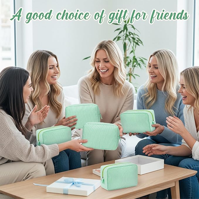 Sanwuta 6 Pcs Seersucker Cosmetic Bag Bulk Pinstripe Makeup Bag for Women Aesthetic Cute Travel Toiletry Organizer Preppy Storage Pouch for Wedding Bridesmaid Christmas Gift (Large, Green)