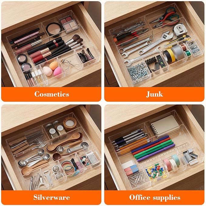 Large Acrylic Desk Deep Drawer Organizer with Adjustable Dividers, Anti-Skip Clear Desk Top Organizer Tray for Pens, Desktop, Office, Bathroom, Kitchen, Makeup Supplies(7 Compartments)