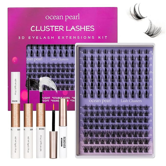 Ocean Pearl Lash Clusters Kit 154pcs 10-18mm manga/anime-inspired lashes clusters,spike-effect cluster lashes,Eyelashes,DIY Cluster Eyelash Extensions kit with lash bond+seal+remover+tweezers-M32+M35