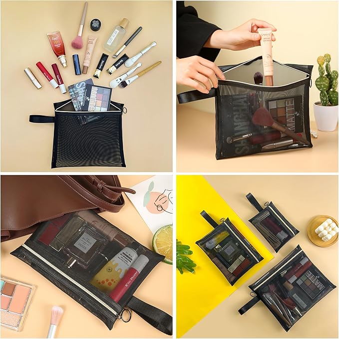 Mesh Cosmetic Bags with Zipper and Handle, Breathable Organization Pouch Pocket for Travel Purse Makeup Toiletry Office Home to Storage Items, 3pcs Black Assorted Sizes 9x8 8x6 6x4 inch