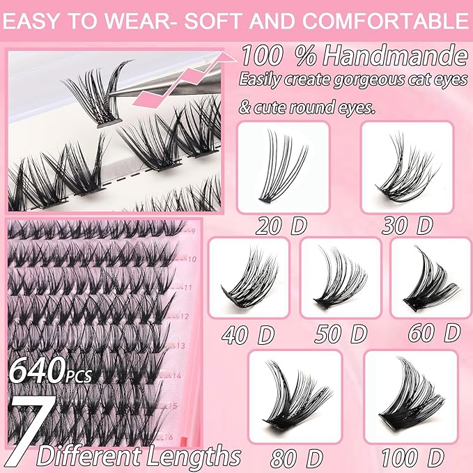 Manga Lash Clusters, 640 Pcs Eyelashes Clusters Extensions 9-16mm Individual Lashes D Curl Fluffy Wispy False Eyelashes Thin Band (30D&40D)