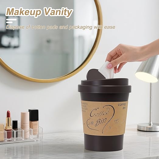Soddeph Plastic Mini Trash Can with Swing-Top Lid, 0.9 Gallon Desktop Waste Bin for Coffee Table, Office, Small Countertop Wastebasket for Counter, Vanit (Coffee, Small)
