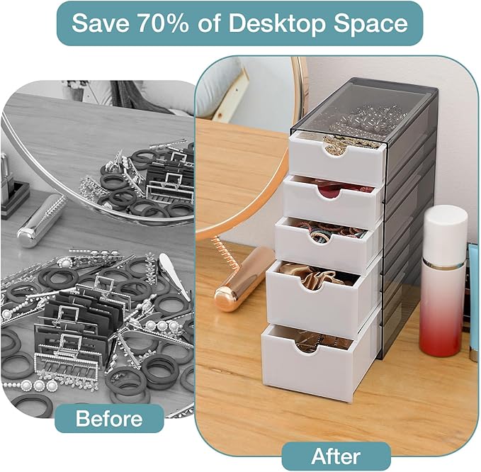 Hair Accessories Organizer with Removable Drawer, Large Capacity Desk Organizer Box with Stackable Cases, Hair Styling Storage Box for Hair Ties, Clips&Pins, 5-Tier Plastic Containers, Clear Black