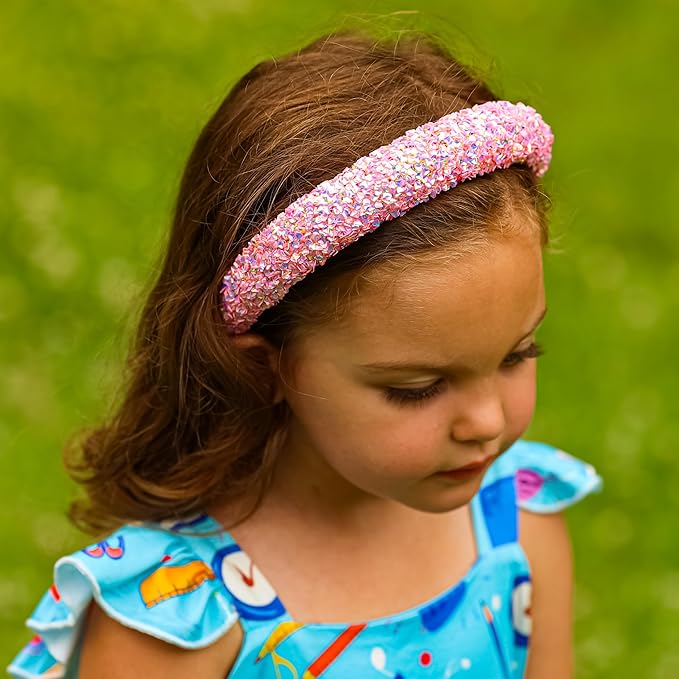 FROG SAC Sequin Headband for Girls, Sparkly Puffy Hair Band for Kids, Padded Toddler Head Bands, Sparkle Girl Hair Accessories (Pink, Child)