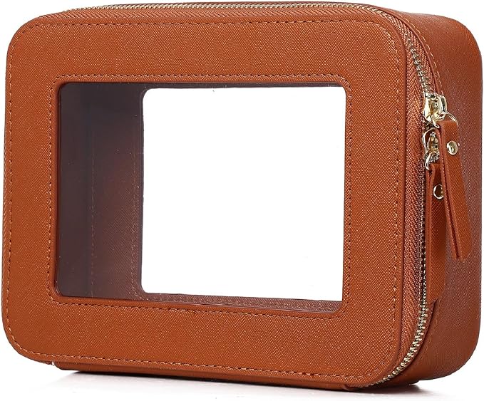 Clear Makeup Bag Women's Waterproof Travel Cosmetic Case and Toiletry Bag Portable Makeup Organizer Bag for Car with Zipper (Brown, M)