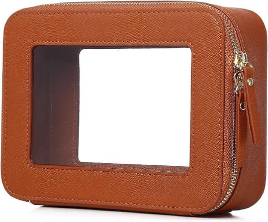 Clear Makeup Bag Women's Waterproof Travel Cosmetic Case and Toiletry Bag Portable Makeup Organizer Bag for Car with Zipper (Brown, M)