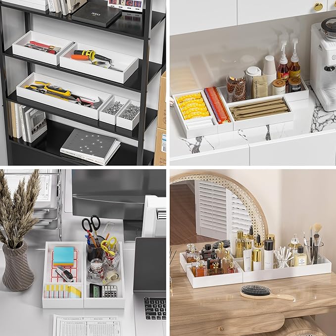 Lixple Bamboo Drawer Organizer, Cutlery Silverware Organizer for Kitchen Drawer, Stackable Utensil Organizer, 2 Pcs Flatware Organizer for Drawer, Wooden Storage Box Tray (White, 12 X 6 X 2 Inch)