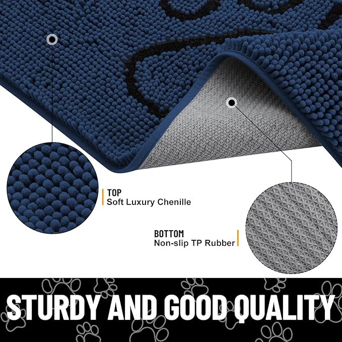 Smiry Dog Door Mat for Muddy Paws, Absorbent Dirt Trapper Non Slip Quick Dry Washable Chenille Mat for Mud Dogs, Entry Rug for Indoor and Outdoor (30x20 Inches, Dark Blue and Black)