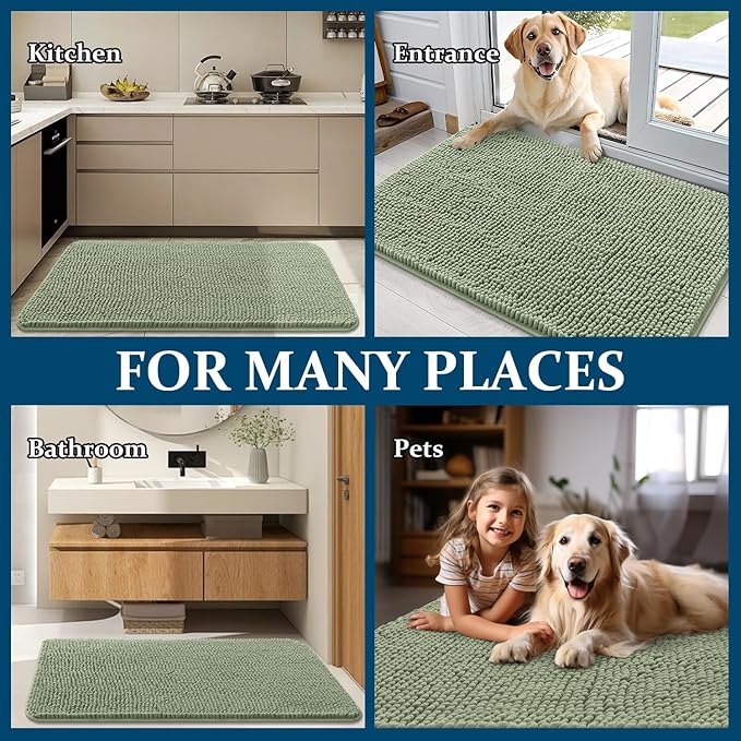 OLANLY Dog Door Mat for Muddy Paws 54x24, Absorbs Moisture and Dirt, Absorbent Non-Slip Washable Doormat, Quick Dry Chenille Mud Mat for Dogs, Entry Indoor Entryway Carpet for Inside Floor, Sage Green