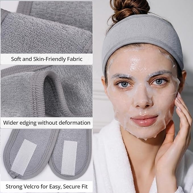 3 Pack Velcro Headband for Washing Face, Terry Cloth Spa Headbands for Women - Soft Adjustable Facial Hair Band for Makeup & Skincare Routine