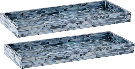 PEMAR Blue Mother of Pearl Tray Set of 2 – Handcrafted Decorative Vanity & Countertop Organizer for Bathroom, Entryway, Coffee Table – Elegant Home Decor Accent, 11.8" Lx5.1 Wx1 H