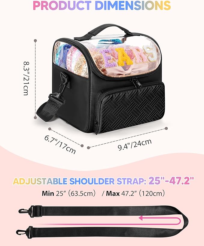 Mouse Ears Travel Case with Detachable Divider, Headband Holder Organizer Bag with Shoulder Strap, Chenille Letter Hair Accessories Storage Box, Black