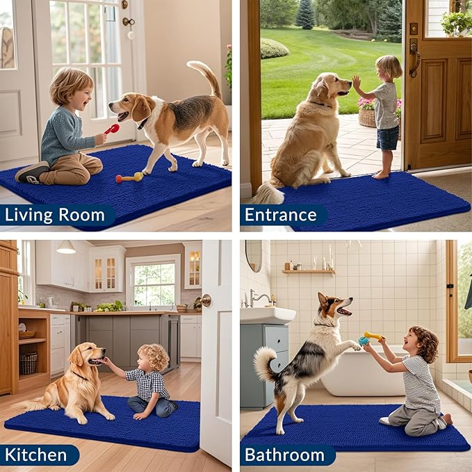 Smiry Dog Door Mat for Muddy Paws 47x24, Absorbs Moisture and Dirt Doormat, Non-Slip Washable Quick Dry Chenille Front Door Mat Indoor Entrance, Entryway Carpet for Inside Floor, Royal Blue